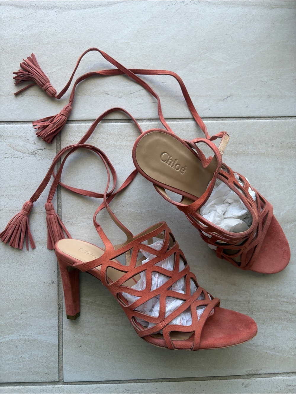 Chloé Rust Suede Cutout Lace-Up Heeled Sandals